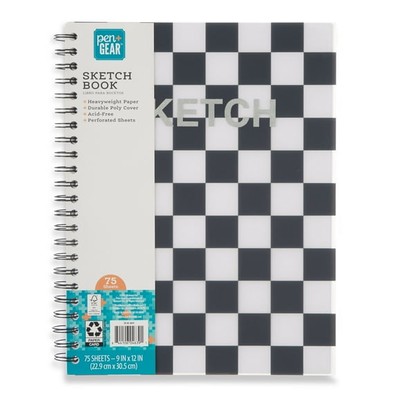 Pen+Gear Fashion Sketch Book, 9" x 12", Black & White Checkerboard Design, 75 Sheets