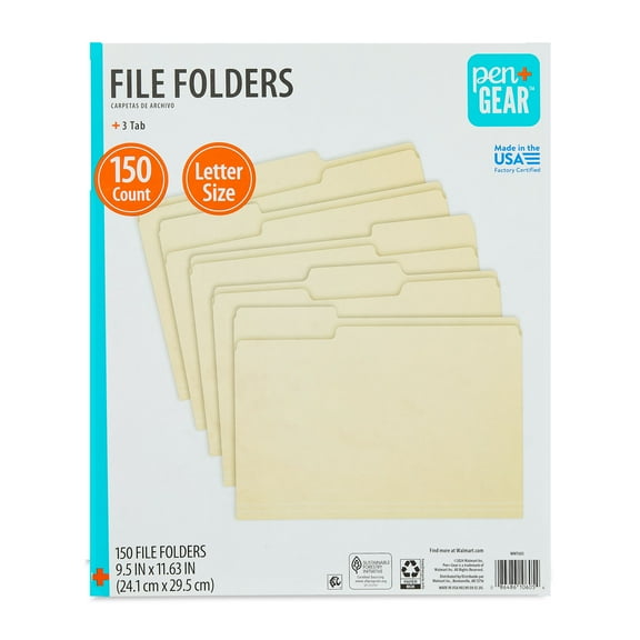 Pen+Gear File Folders, Letter, Manila, 1/3 Cut, 150 Count