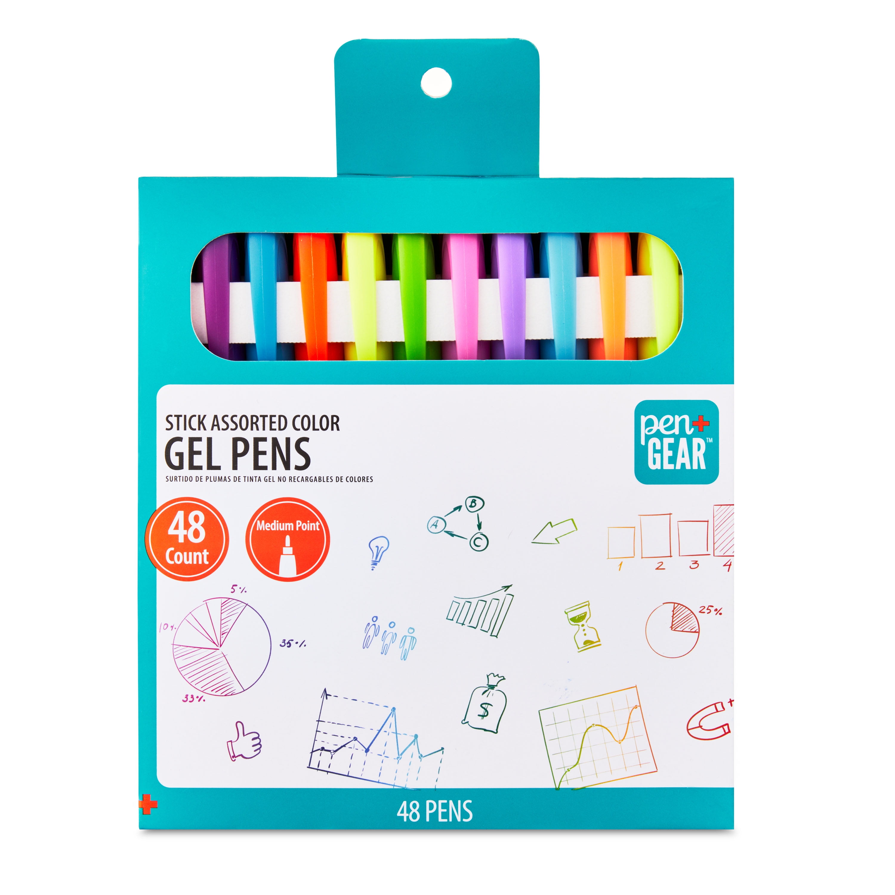 Pen+Gear Gel Stick Pens, Medium Point, 0.7 mm, Assorted Colors, 48