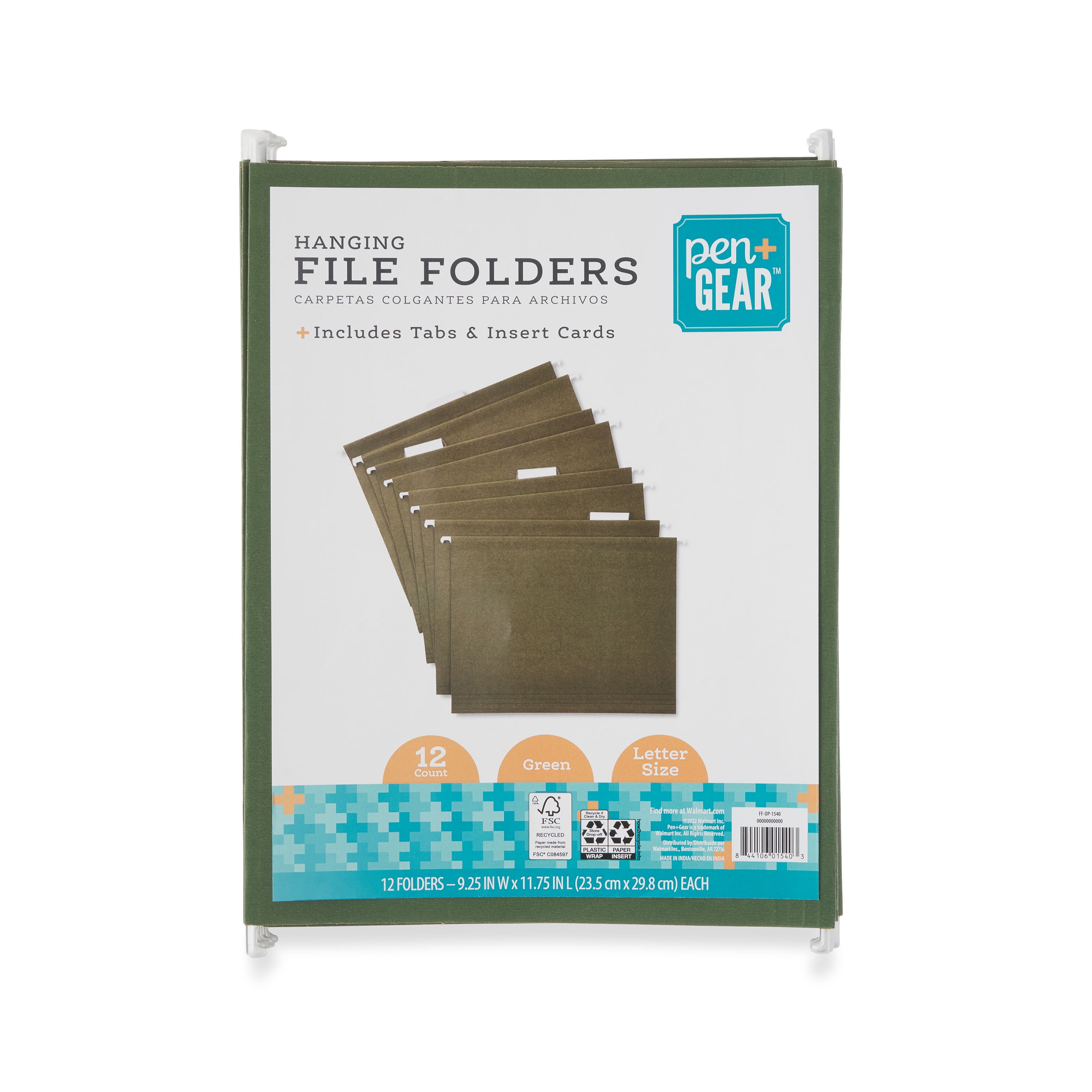 Pen+Gear Hanging File Folders with Tabs and Insert Cards, Green, Letter