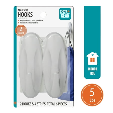 Pen+Gear Heavy-Duty Plastic Adhesive Large Wall Hooks, Damage Free, White, 2 Count