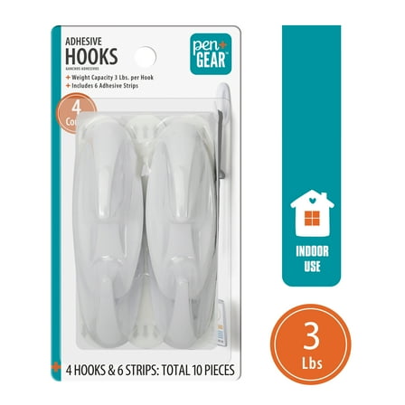 Pen+Gear Plastic Adhesive Medium Wall Hooks, Damage Free, White, 4 Count