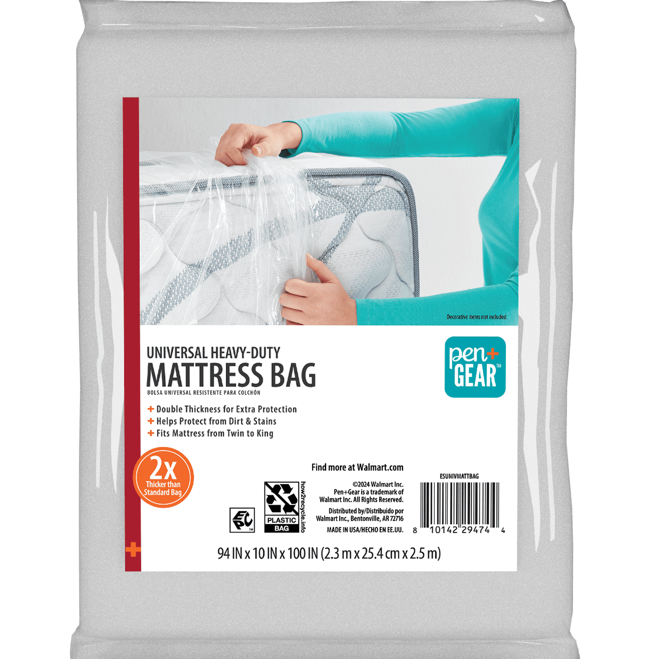 Pen + Gear Heavy Duty Universal Mattress Bag, Fits Beds up to King, Moving Supplies, Plastic, Clear