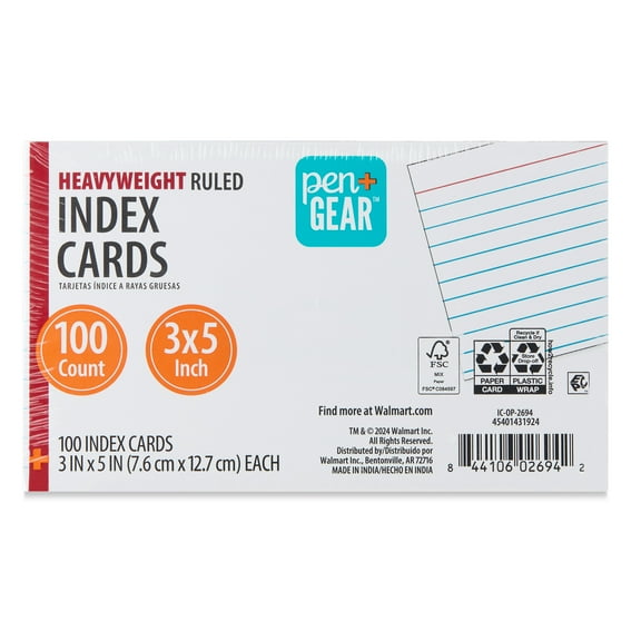 Pen+Gear Heavyweight Ruled Index Cards, White, 100 Count, 3" x 5"