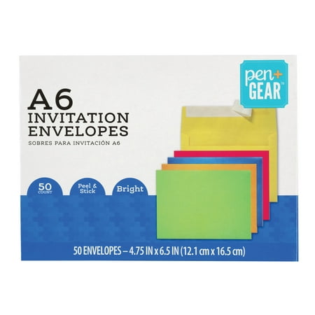 Pen+Gear Invitation Envelopes, Size A6, 24 lbs, Brt. Colors, Peel & Stick, 50-Count