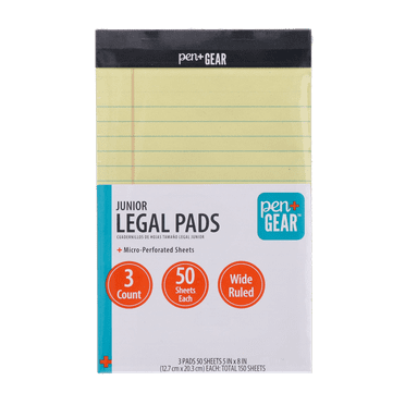 Pen+Gear Jr. Legal Pads, Canary Color Paper, 5" x 8", Wide Ruled, 50 Sheets, 3 Count per Pack