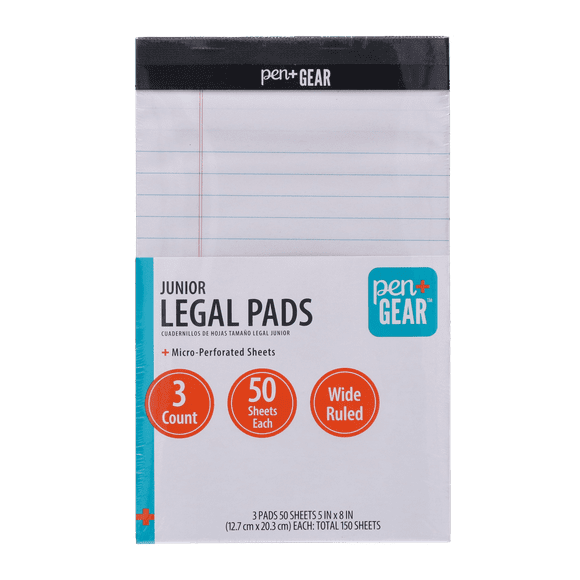 Pen + Gear Jr. Legal Pads, White Paper, 50 Sheets, 3 Count, Wide Ruled, Portable Size