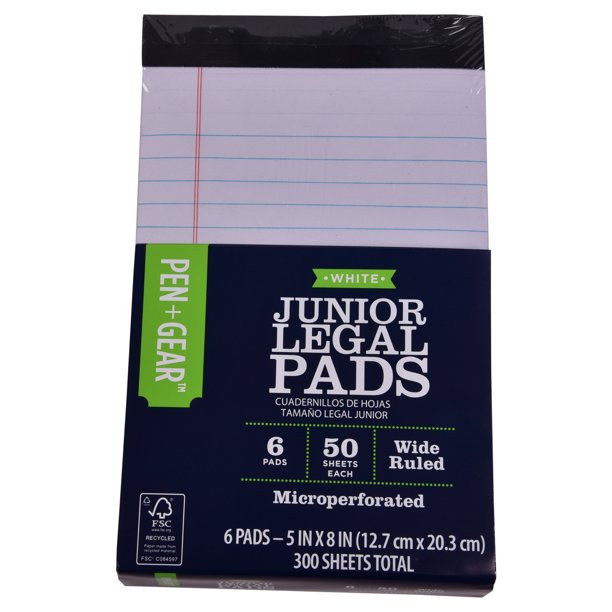 Pen + Gear Junior Legal Pad, White, 5 in x 8 in, 50 Sheet, 6 Count
