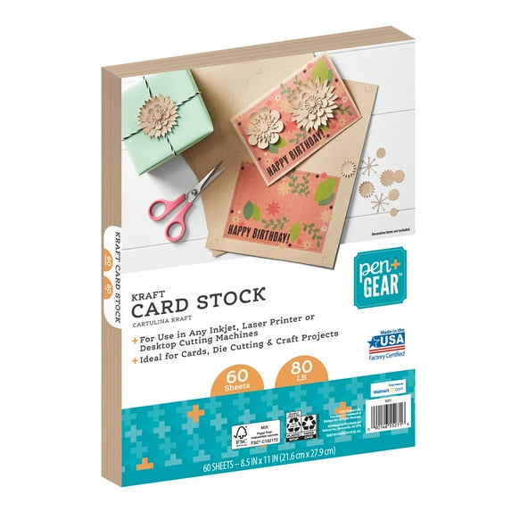 Pen+Gear Kraft Cardstock Paper, 8.5 x 11, 80 lb, Brown, 60 Sheets