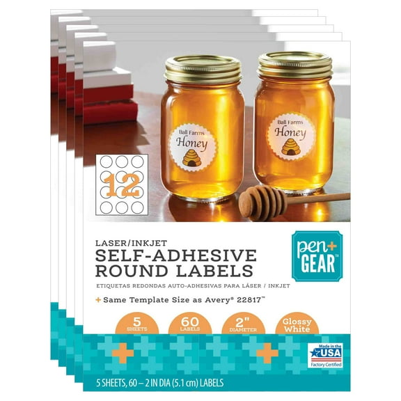 Pen+Gear Laser/Inkjet Glossy White 2" Dia. Round Labels, Permanent Adhesive, 12/Sheet, 300/Pack