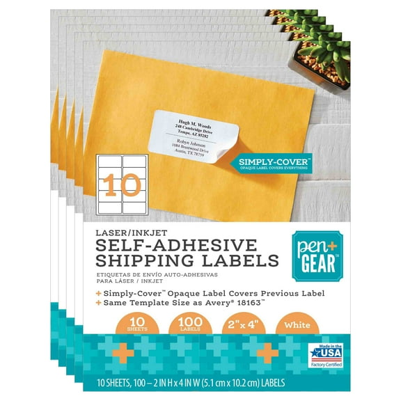 Pen+Gear Laser/Inkjet White Shipping Labels with SIMPLY-COVER Block-Out Permanent Adhesive, 2" x 4", 10 Labels per Sheet, 500 Labels
