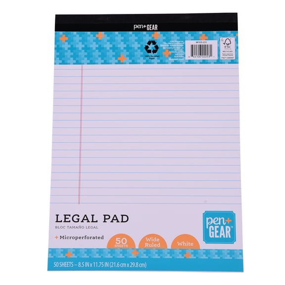 Pen + Gear Legal Pads, White Color Paper, 50 Sheets, Wide Ruled, 3 Count