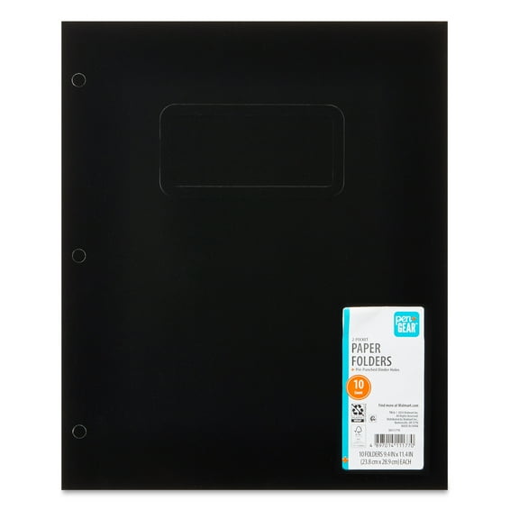 Pen+Gear Letter Size 2-Pocket Paper Folders, Black, 9.4" x 11.4", 10 Count