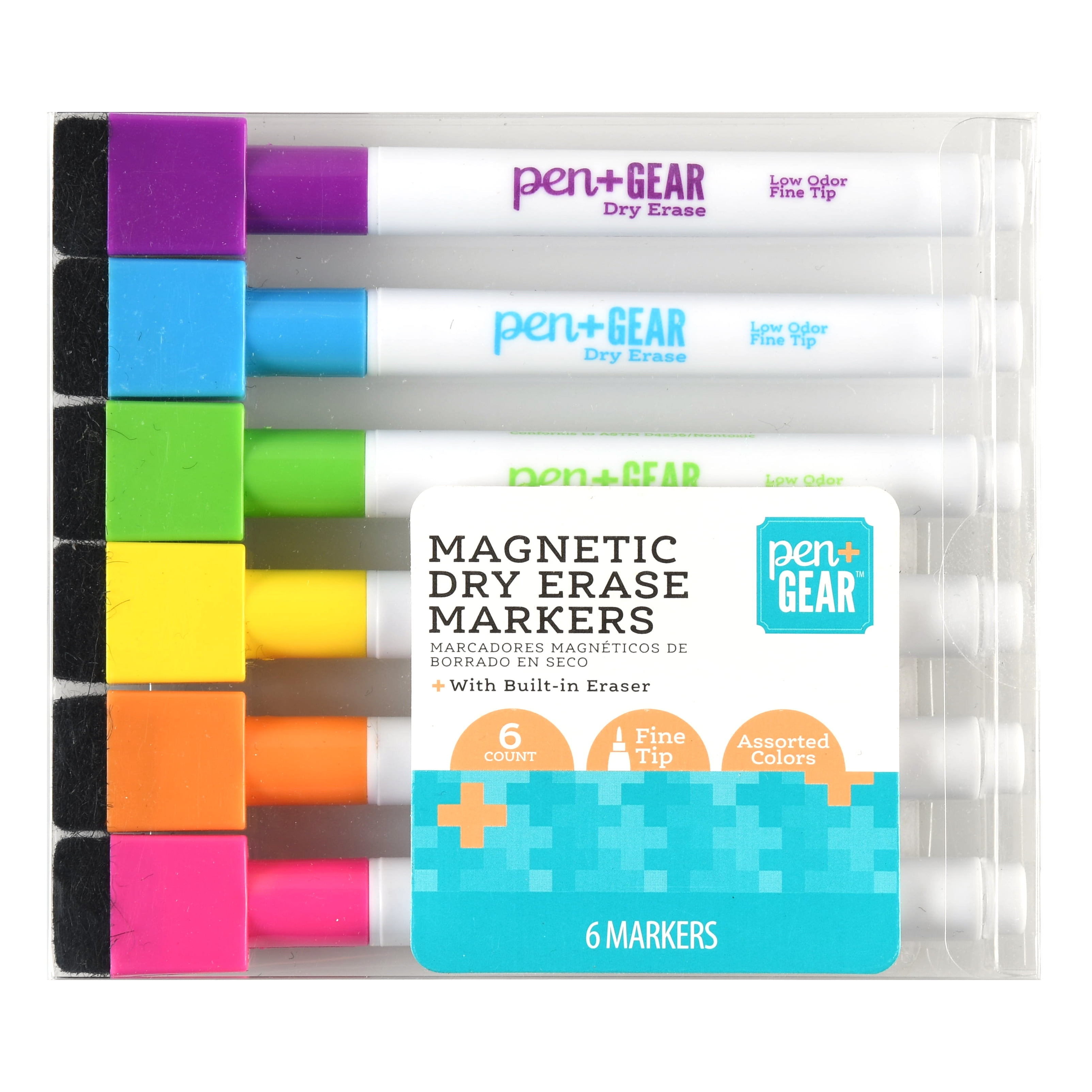 [30 Markers - 6 Colors] Think2 Magnetic Mini Dry Erase Markers with Eraser.  (5 Black, 5 Red, 5 Blue, 5 Green, 5 Purple, 5 Brown) Bulk Set. AP