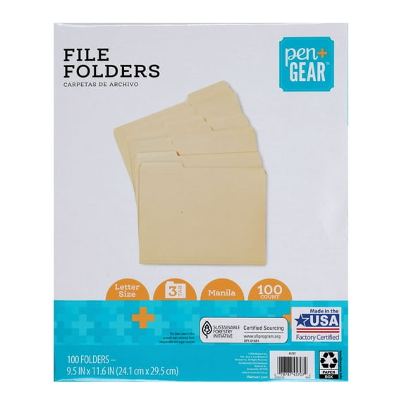 Pen+Gear Manila File Folders, 1/3-Cut Assorted Tabs, Letter Size, 100 Per Box
