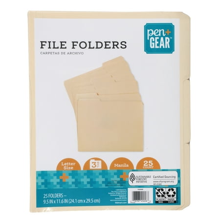 Pen + Gear Manila File Folders, 1/3-Cut Tabs, Letter Size, 25 Count