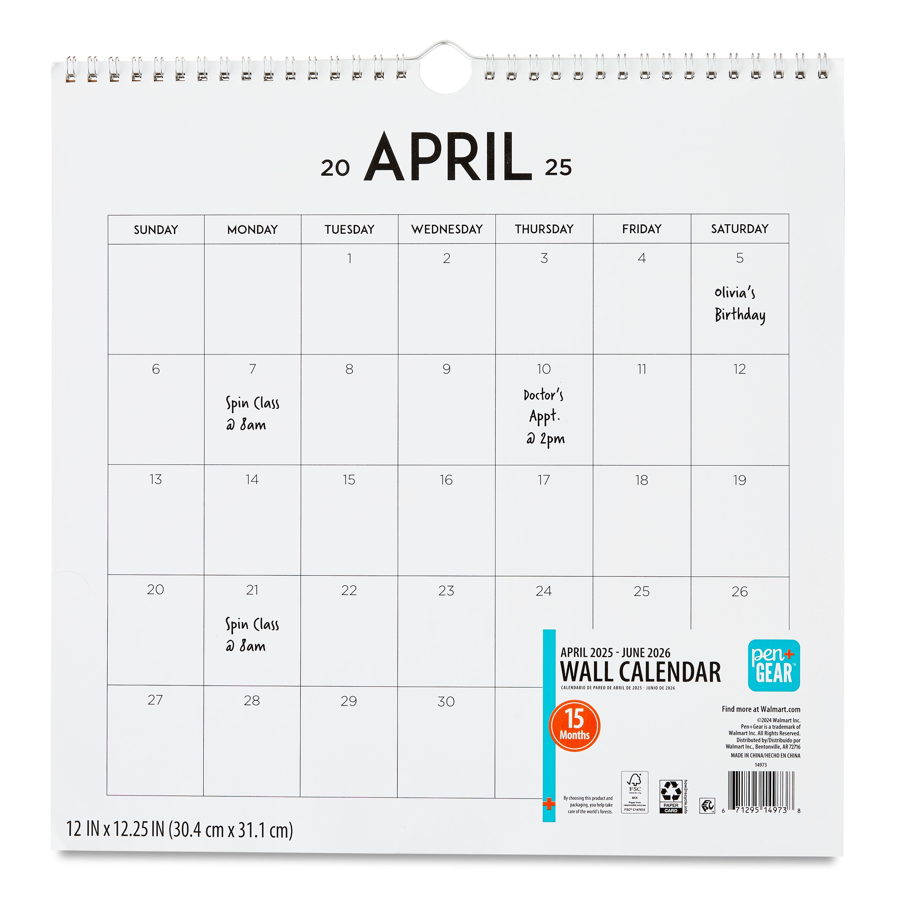 Pen+Gear Monthly Large (12" x 12.5") Calendar 15 Month April 2025-June 2026