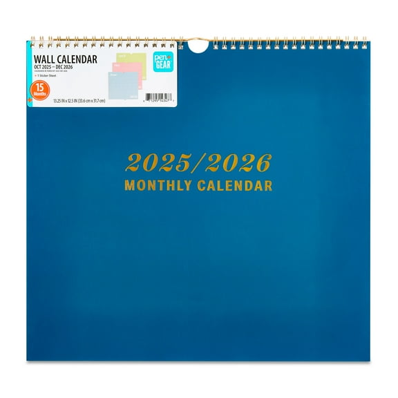 Pen+Gear 15-Month Wall Calendar, Blue, 13.25" x 12.5", October 2025-December 2026