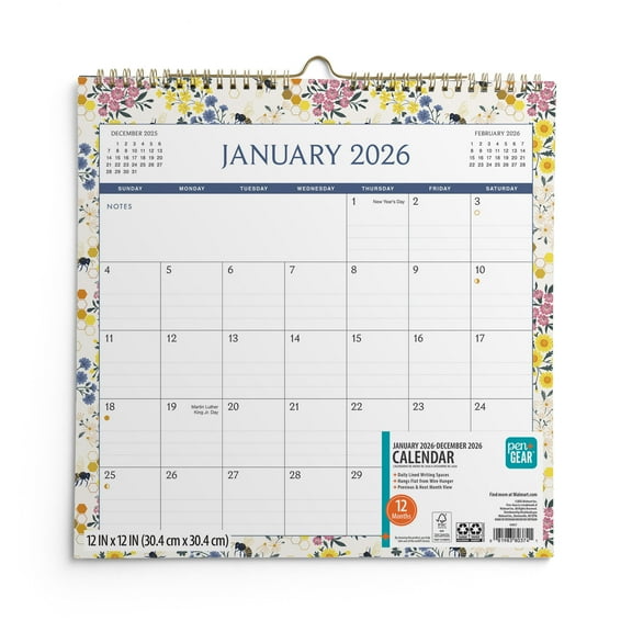 Pen+Gear Monthly Spiral Calendar (12"x12") Bees 12 Month Jan 2026-Dec 2026