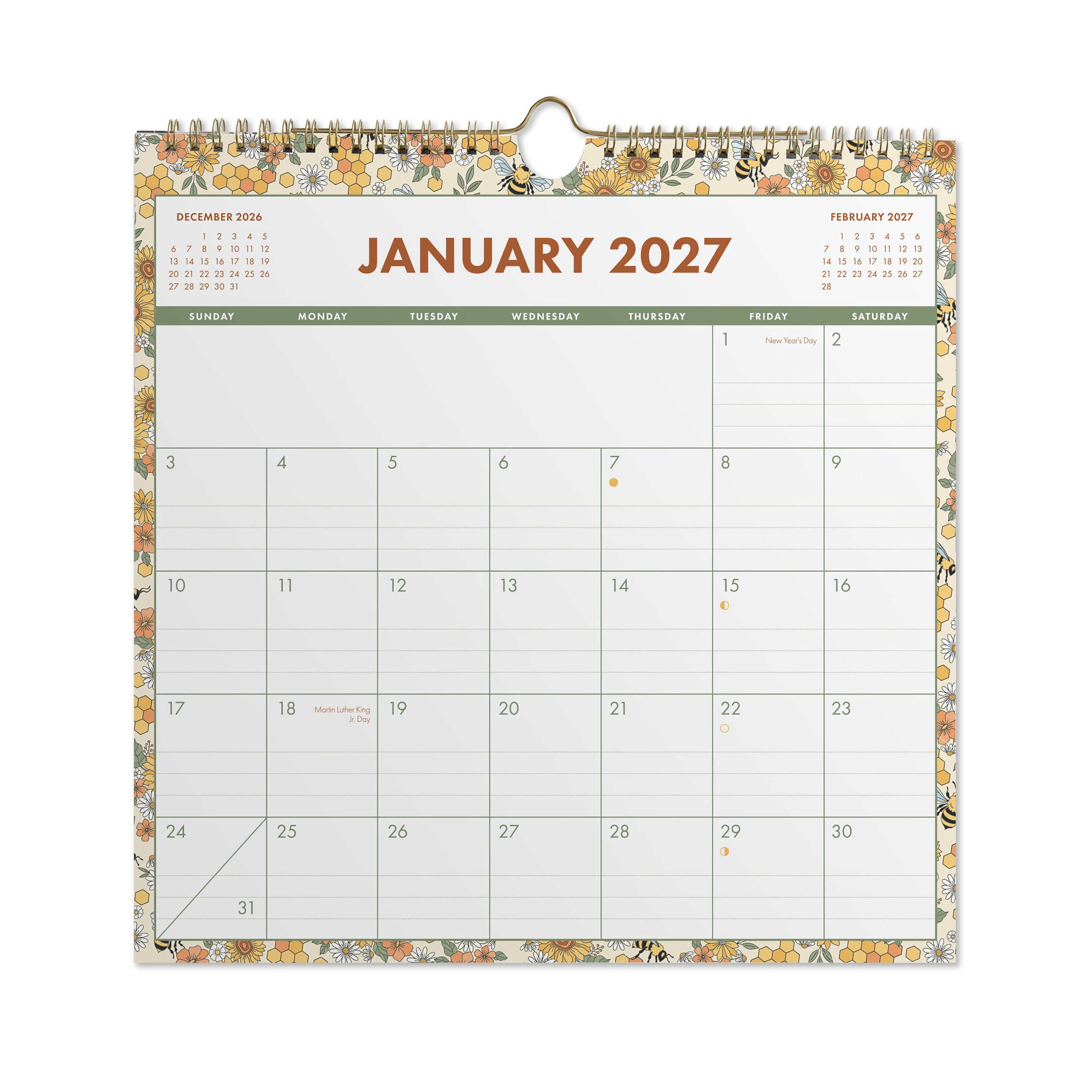 2027 Pen+Gear Spiral Bees Calendar 12x12 January-December Gridded