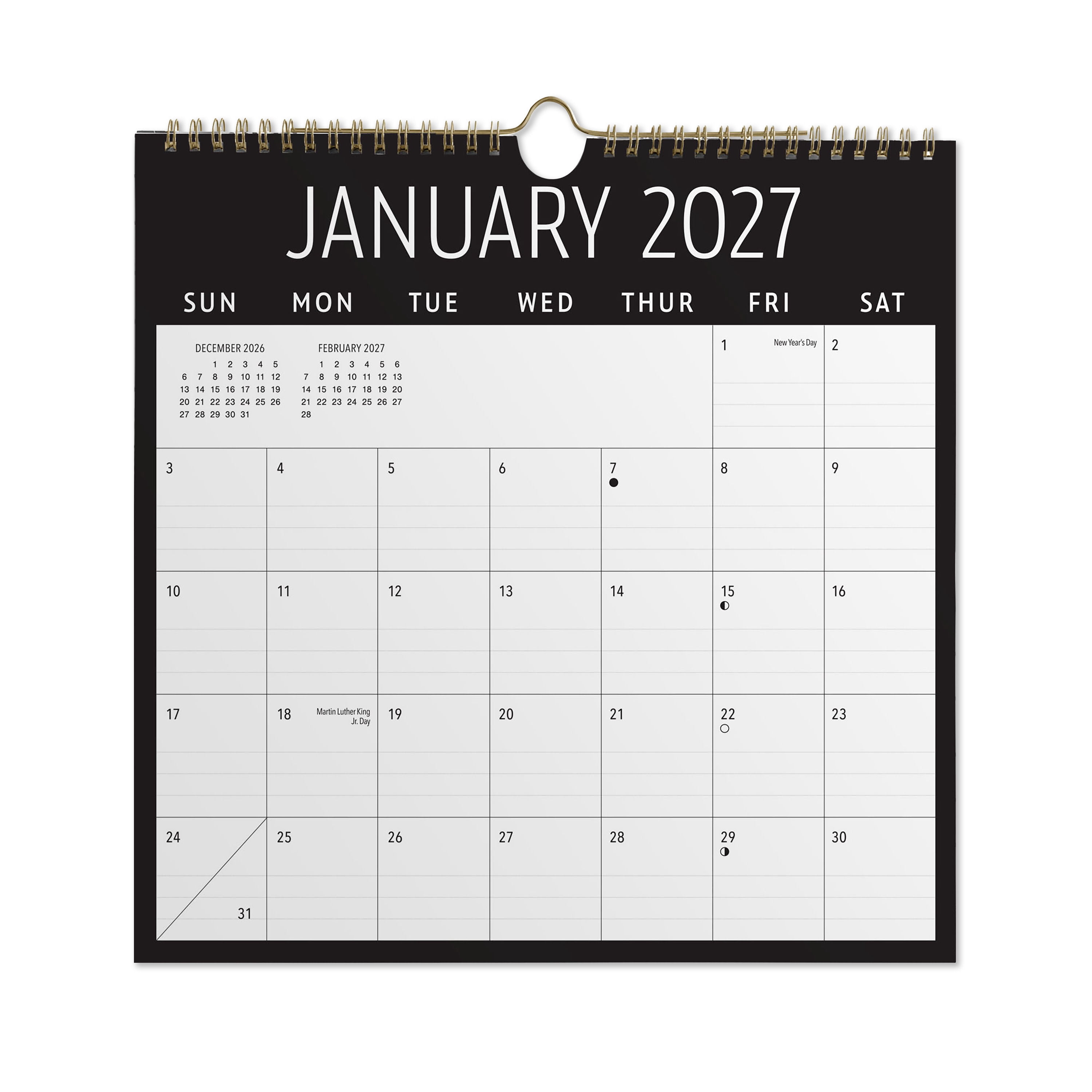 2027 Pen+Gear Black Spiral Calendar 12x12 January-December Gridded