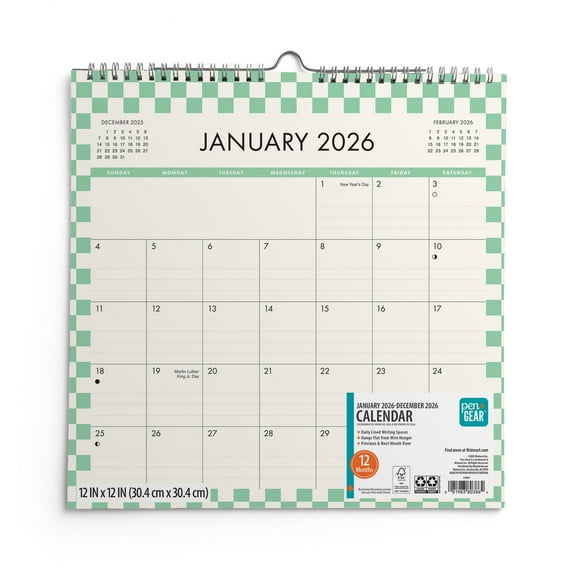 Pen+Gear Monthly Spiral Calendar (12"x12") Checkered 12 Month Jan 2026-Dec 2026