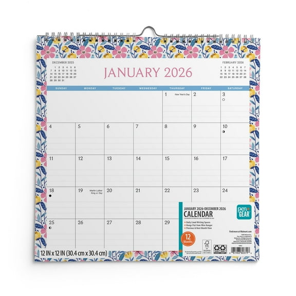 Pen+Gear Monthly Spiral Calendar (12"x12") Floral 12 Month Jan 2026-Dec 2026