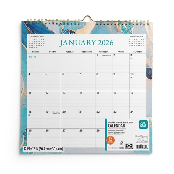 Pen+Gear Monthly Spiral Calendar (12"x12") Marble 12 Month Jan 2026-Dec 2026