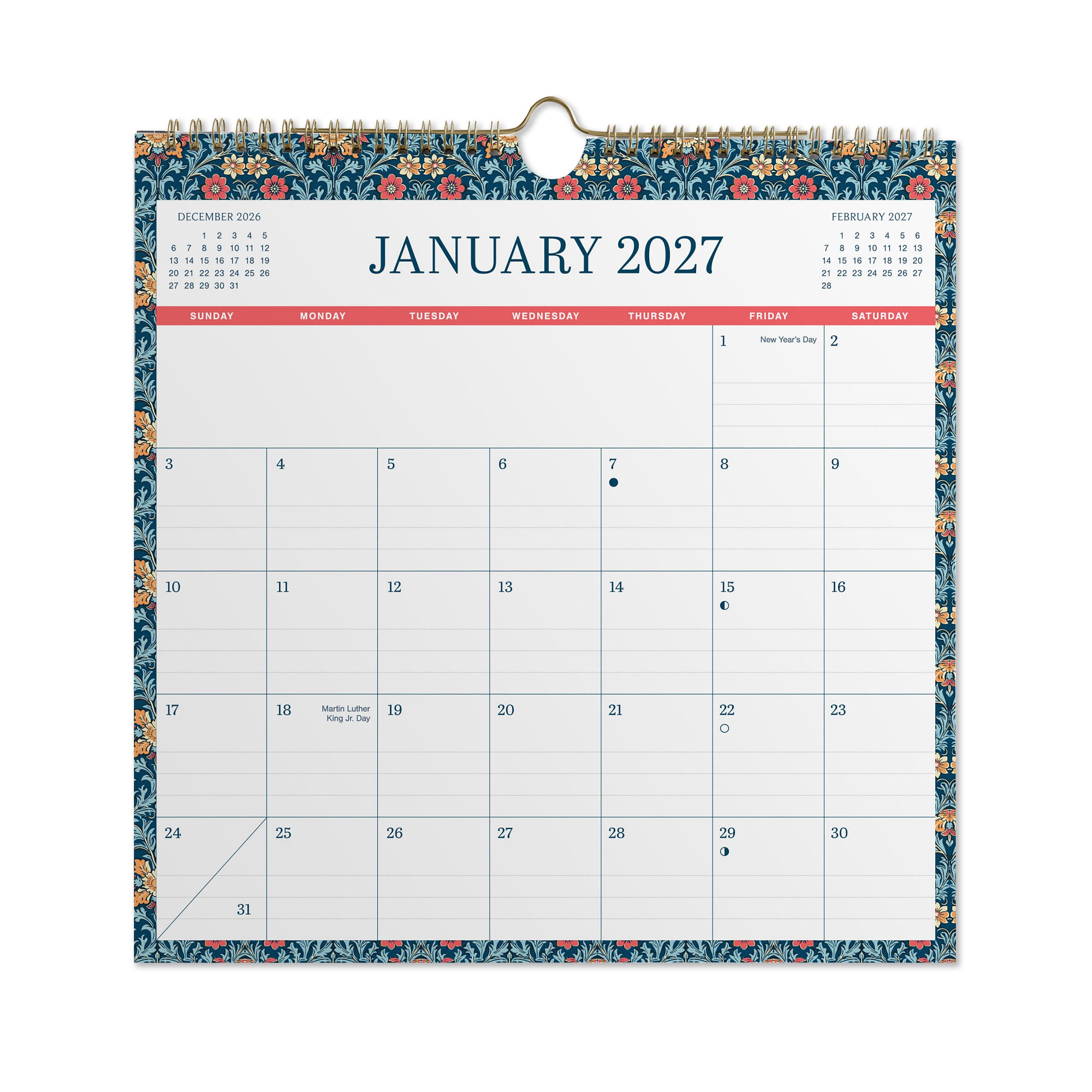 2027 Pen+Gear Vintage Floral Spiral Calendar 12x12 January-December Gridded