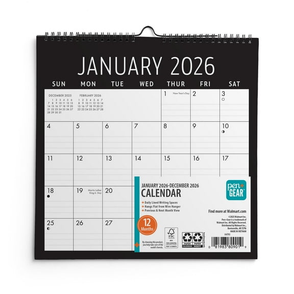 Pen+Gear Monthly Spiral Calendar Mini (7"x7") Black 12 Month Jan 2026-Dec 2026