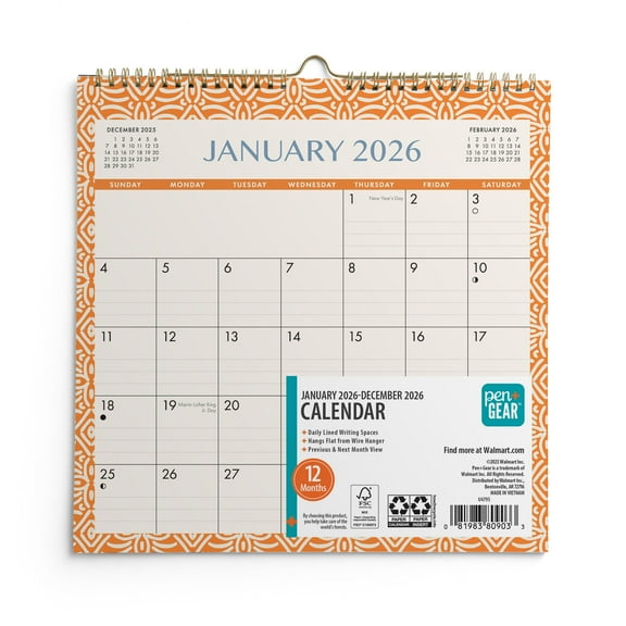 Pen+Gear Monthly Spiral Calendar Mini (7"x7") Pattern 12 Month Jan 2026-Dec 2026