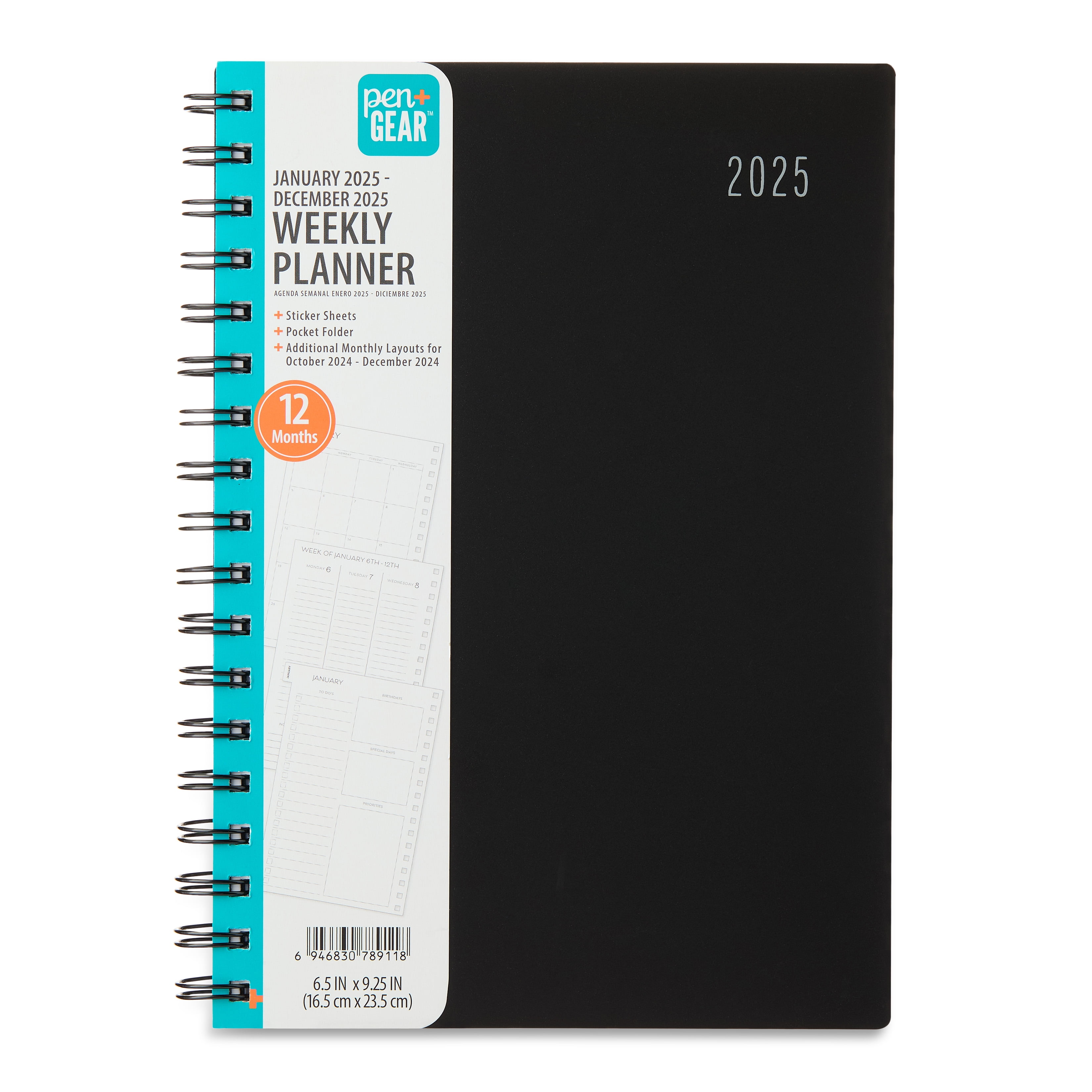 Pen+Gear Monthly Weekly, 2025, Double Spiral Bound Planner, Black, 6.5 in x 9.25 in