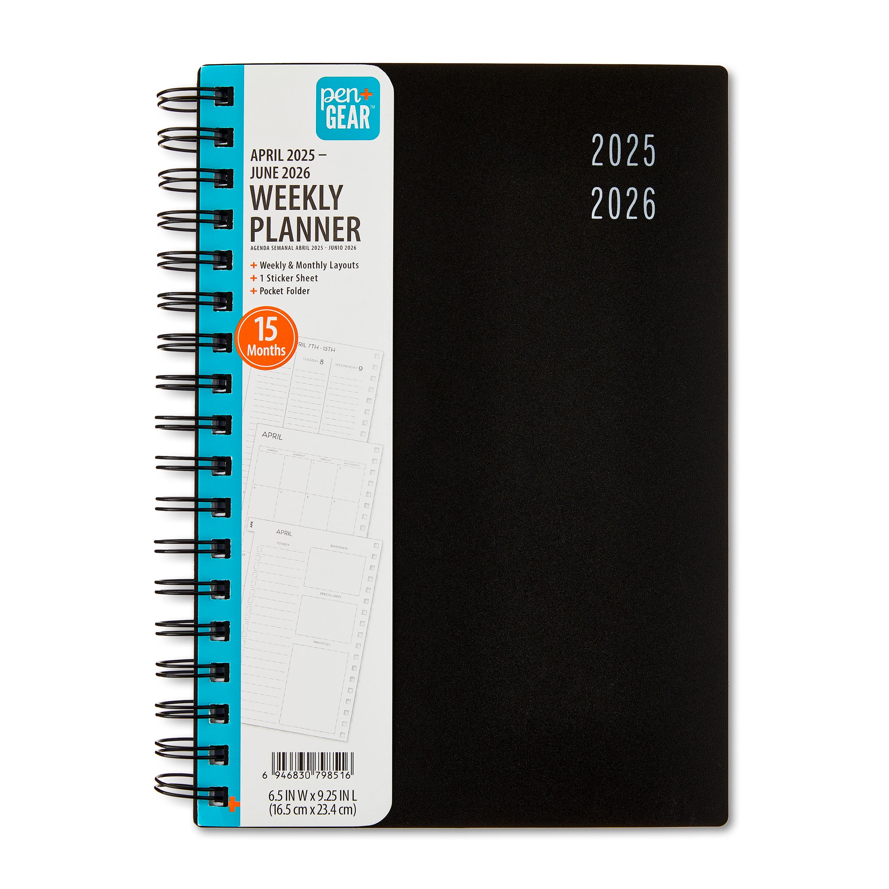 Pen+Gear Monthly Weekly Medium (6.5" x 9.25") Black April 2025-June 2026 15 Month Poly Cover Spiral Bound Planner