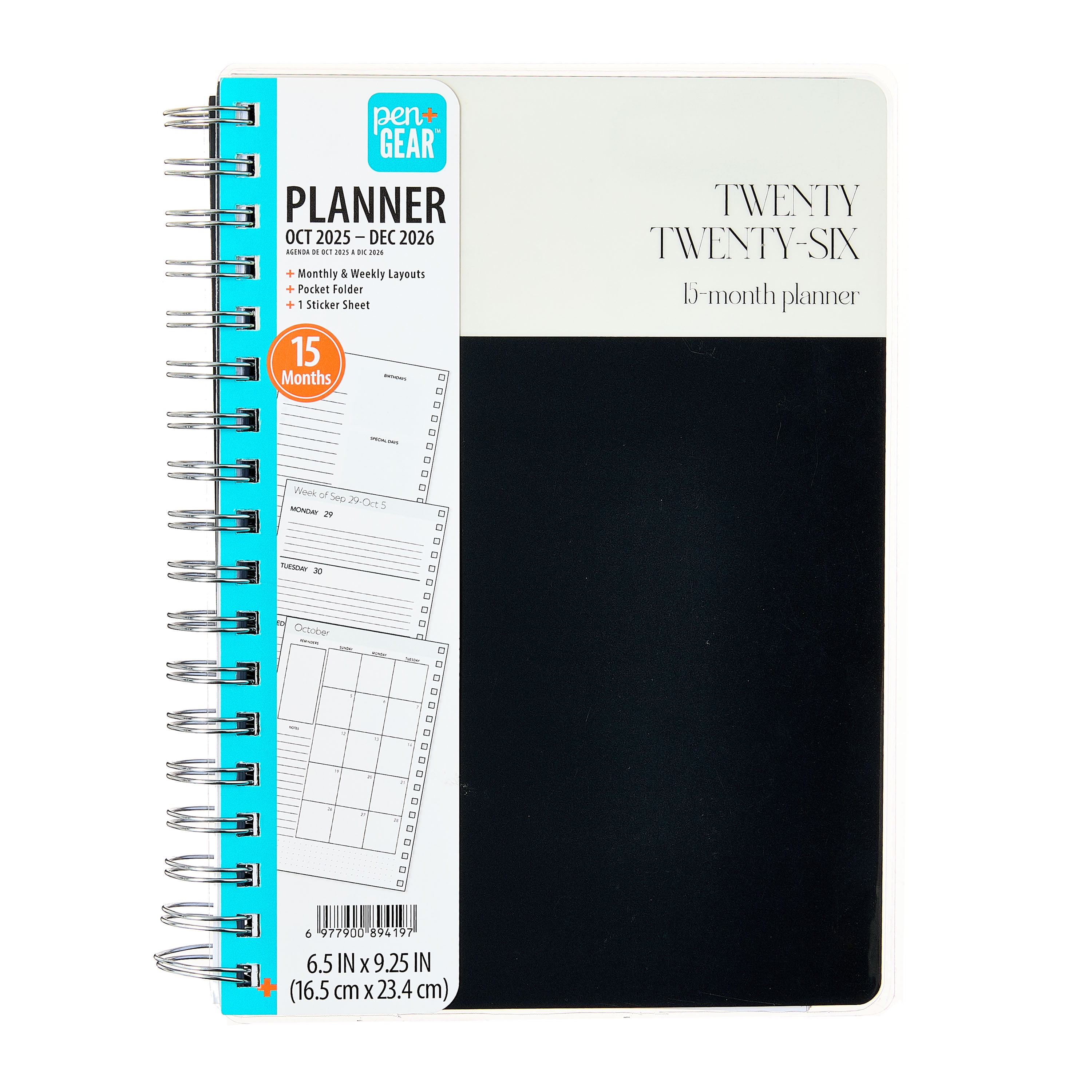 Pen+Gear 15-Month Weekly Planner, 6.5" x 9.25", Black and White, October 2025-December 2026