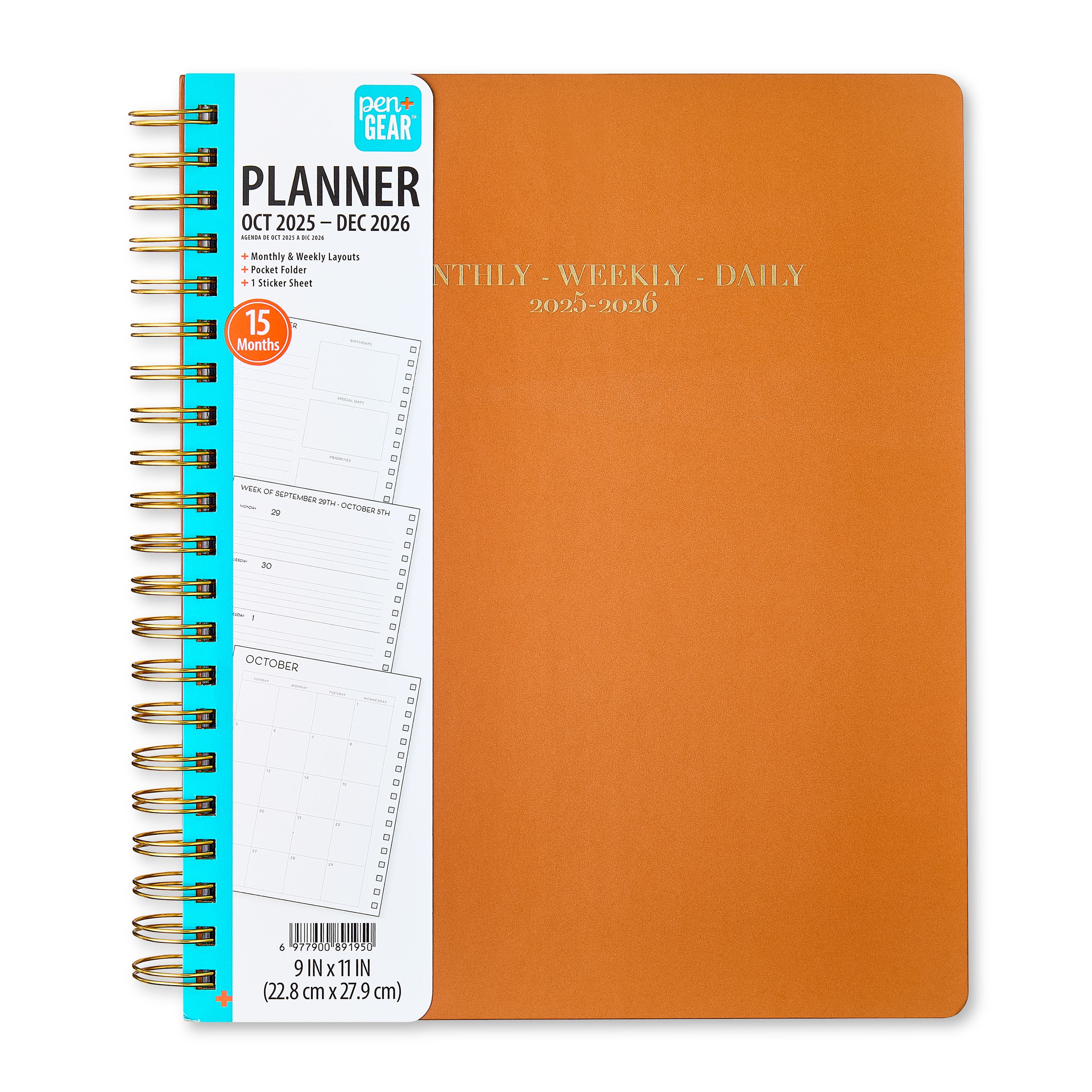 Pen+Gear 15-Month Weekly Spiral-Bound Planner, Brown, October 2025December 2026, 9" x 11"