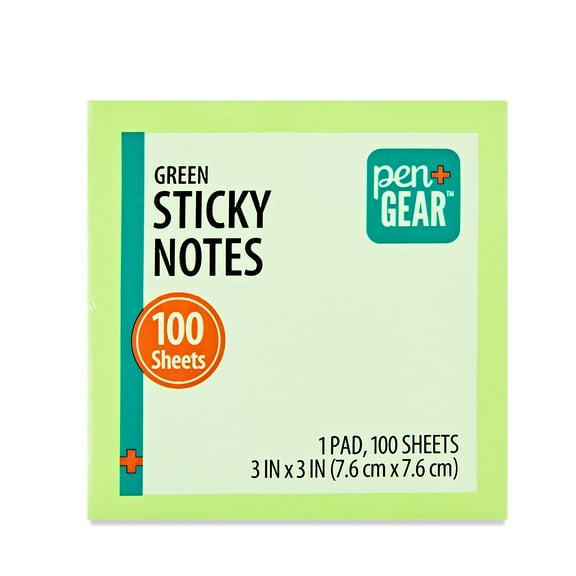 Pen+Gear Neon Green Sticky Notes Repositionable Adhesive, 3" x 3", 100 Sheets, 1 Pad, Green