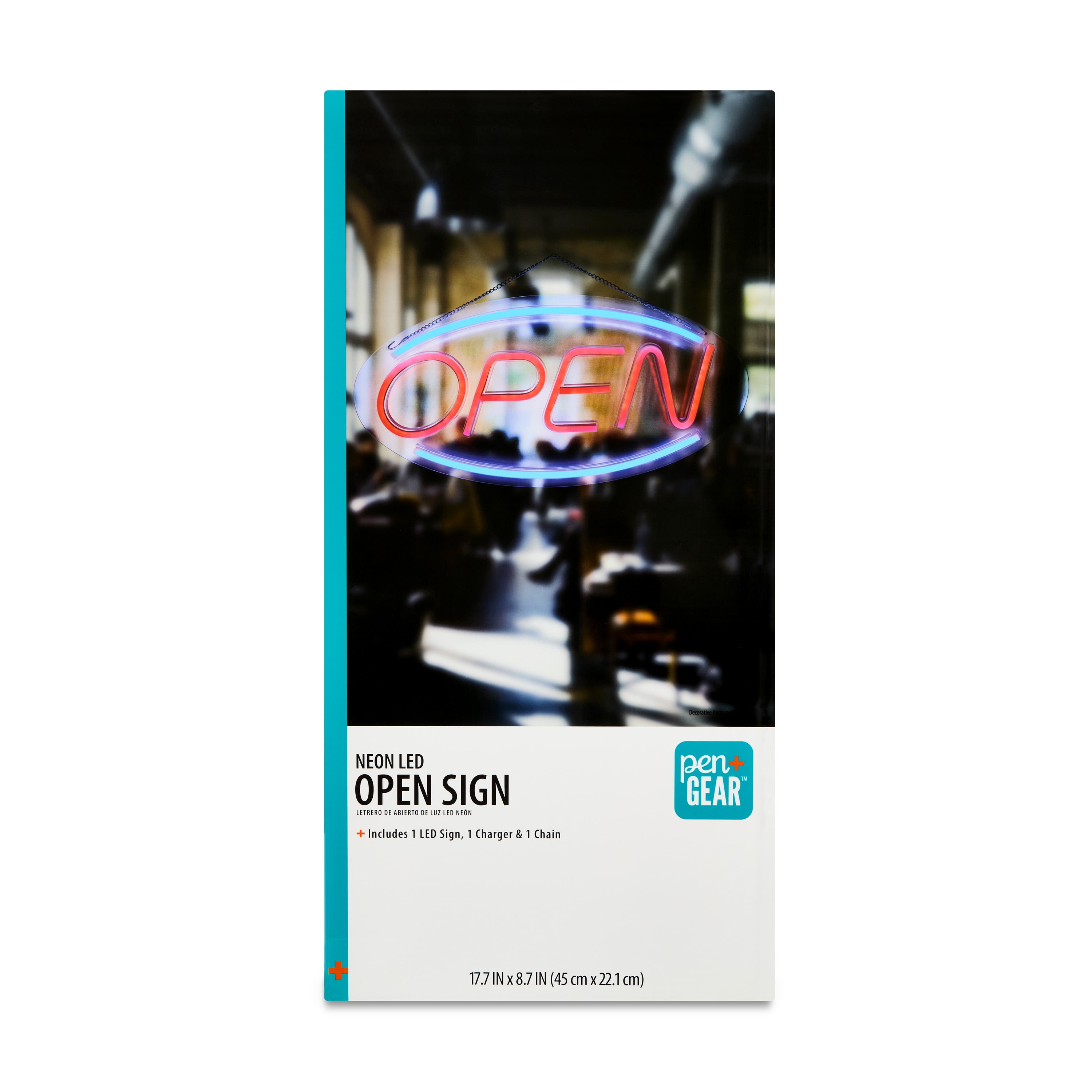 Pen+Gear Neon LED Open Sign, 17.7 x 8.7 in, Red and Blue Lights, Plug-in Powered, Clear Display