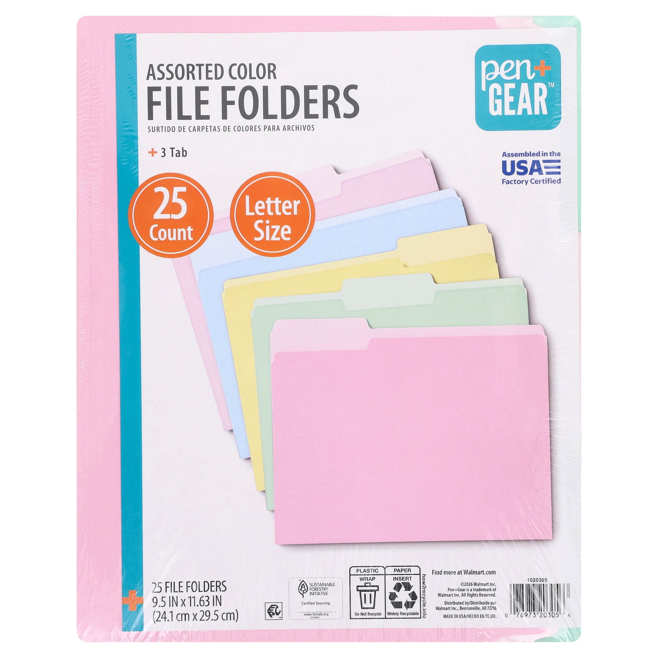 Pen+Gear Letter Size File Folders, Pastel Assorted Colors, 3-Tab, 25 Count