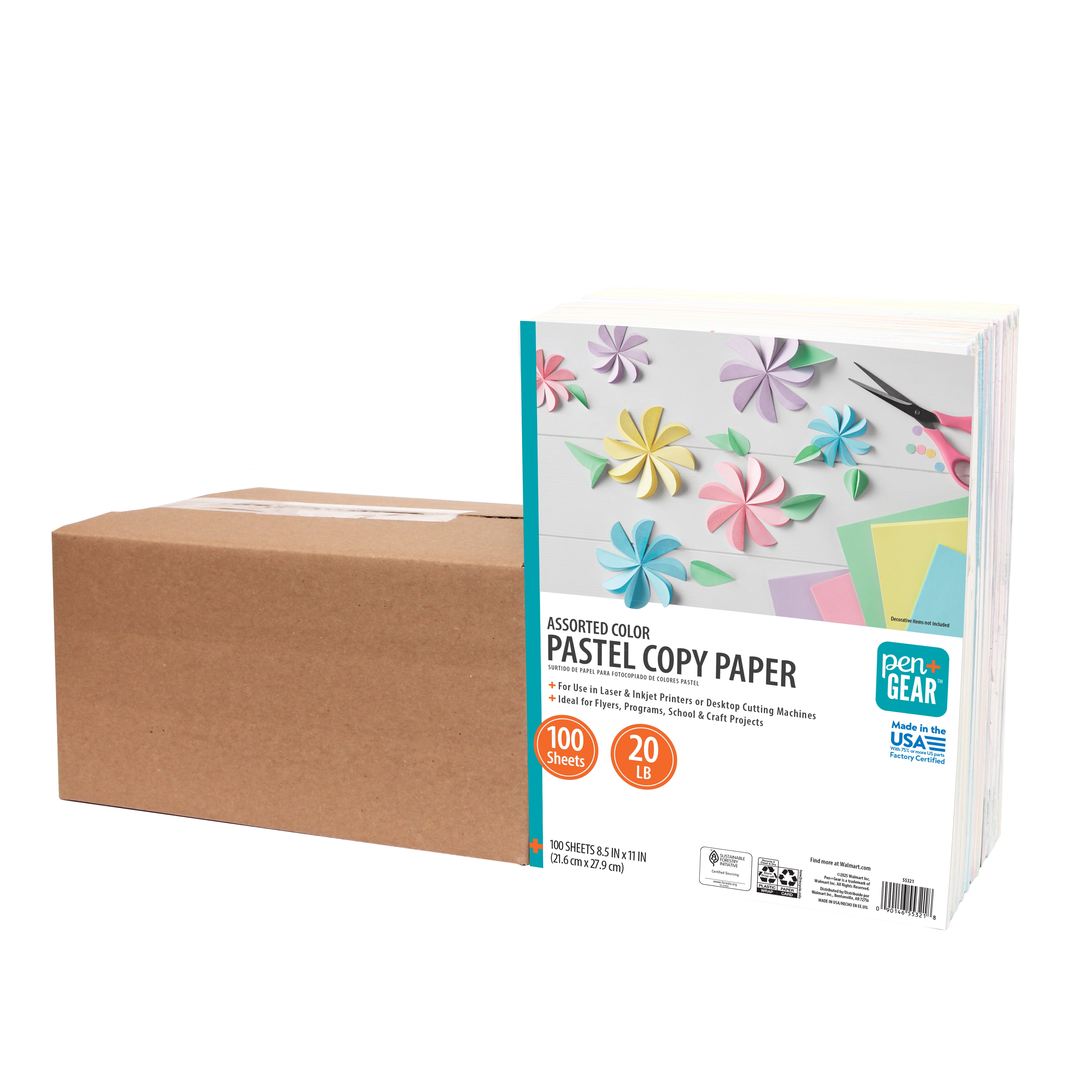 Pen+Gear Assorted Pastel Copy Paper, 8.5" x 11", 20 lb, 12 Packs (1200 Sheets)