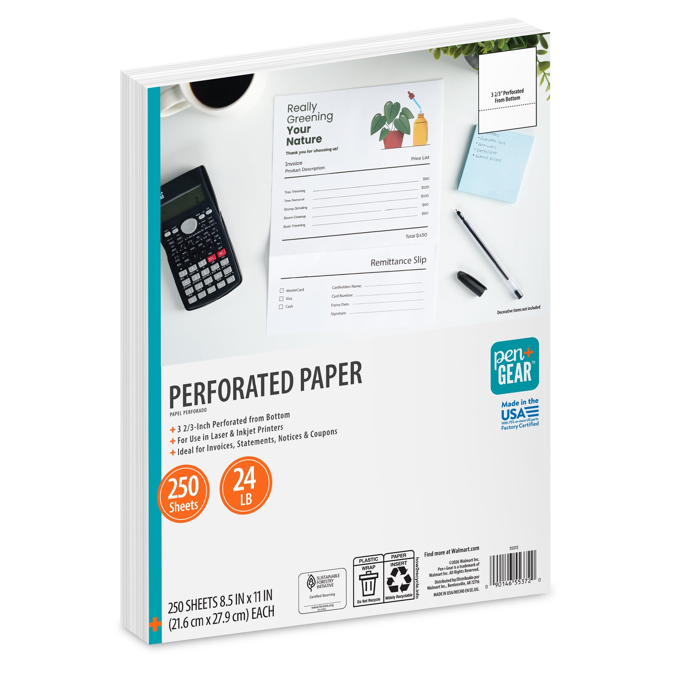 Pen+Gear Perforated Printer Paper, 8.5" x 11", 24 lb, White, 250 Sheets