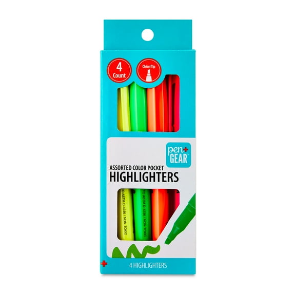 Pen+Gear Pocket Highlighters, Chisel Tip, Assorted Colors, 4 Count