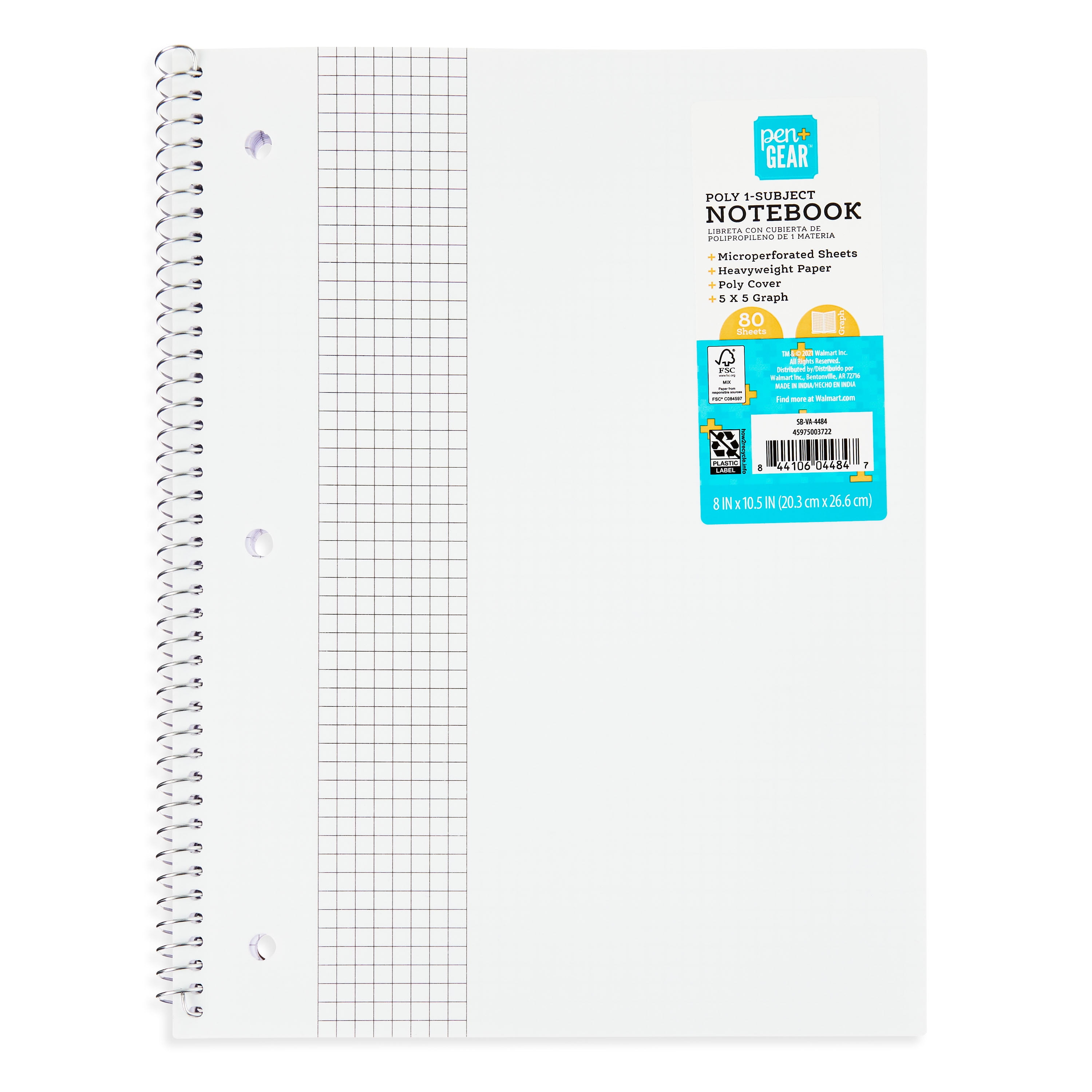 Pen+Gear Poly 1Subject Notebook, White, Grid Ruled, 80 Sheets, 8" x 10