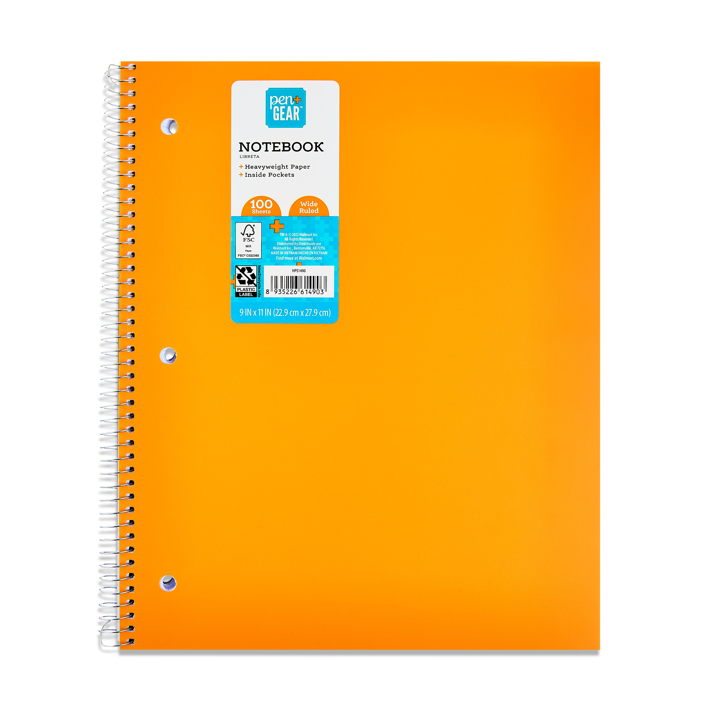 Pen+Gear Wide Ruled Poly 1Subject Notebook with Inside Pockets, 9" x