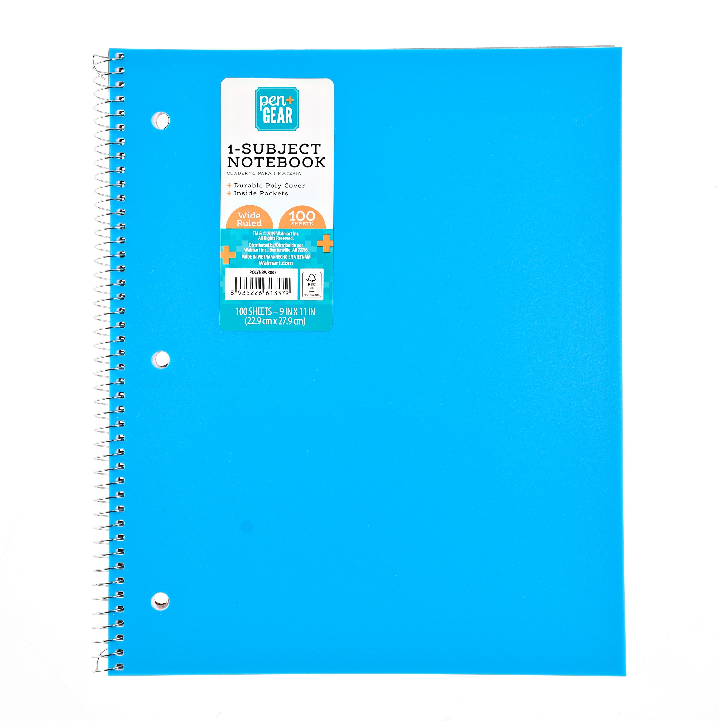 Pen + Gear Poly 1Subject WideRuled Notebook, Blue, 9" x 11", 100