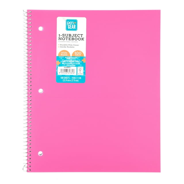 Pen + Gear Poly 1Subject WideRuled Notebook, Pink, 9" x 11", 100