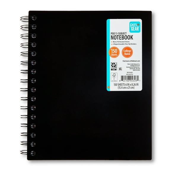Pen+Gear Poly 5-Subject Notebook, College Ruled, 150 Sheets, 300 Pages, Black, 6" x 8"