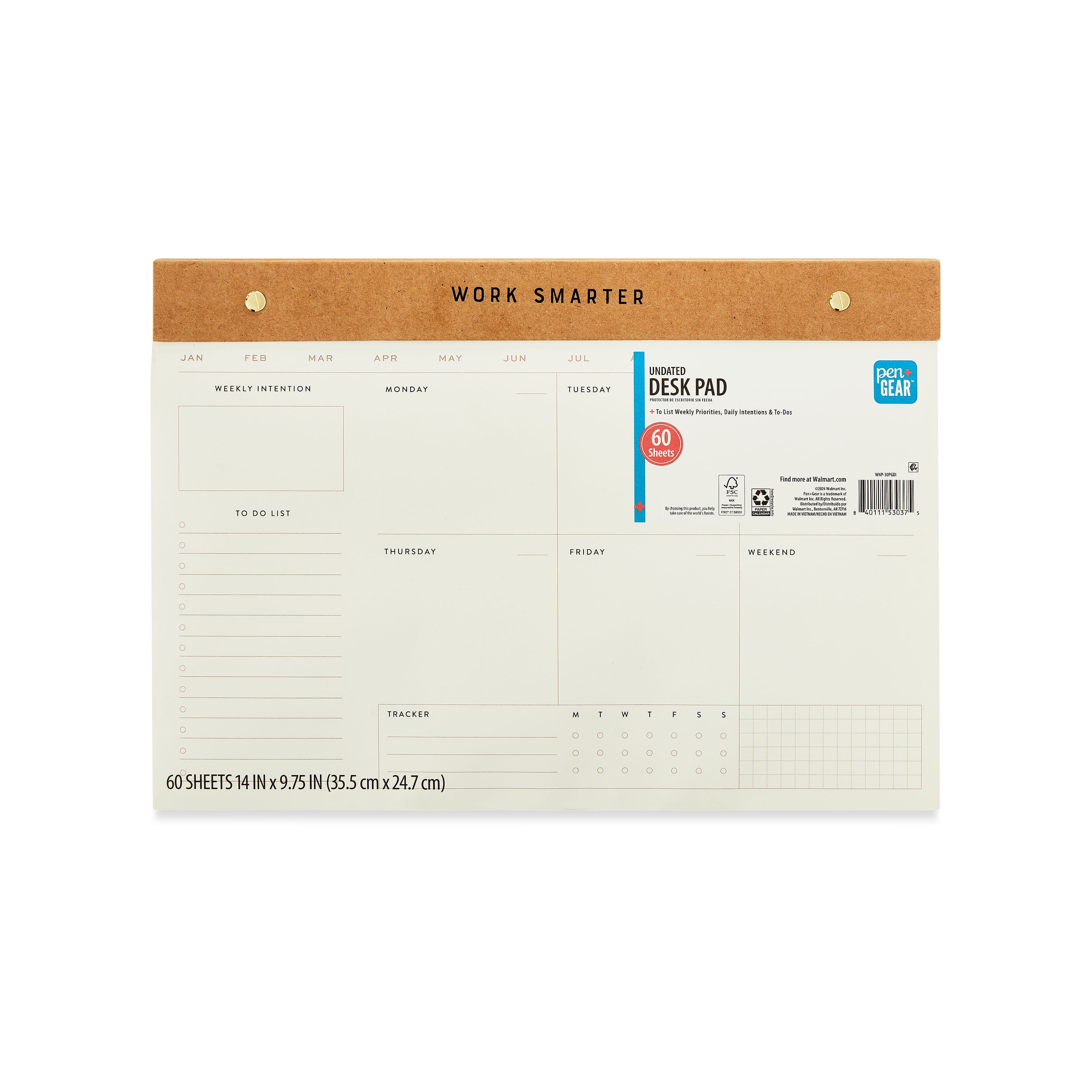 Pen+Gear Undated Desk Pad Weekly Planner, Kraft, 60 Perforated Sheets, 14 in x 9.75 in