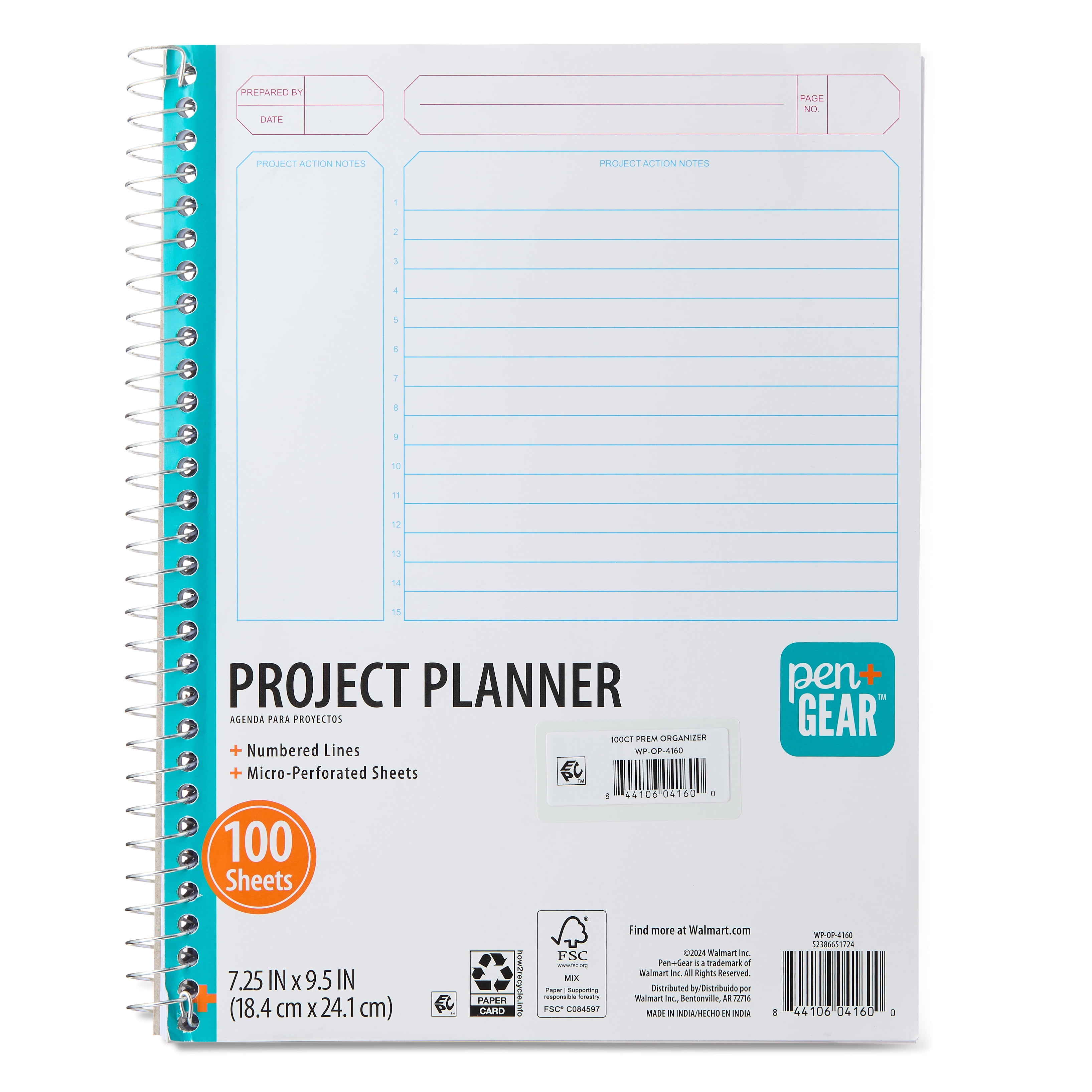 Pen+Gear Project Planner with Numbered Lines, White, 9.5" x 7.25", 100 Sheets