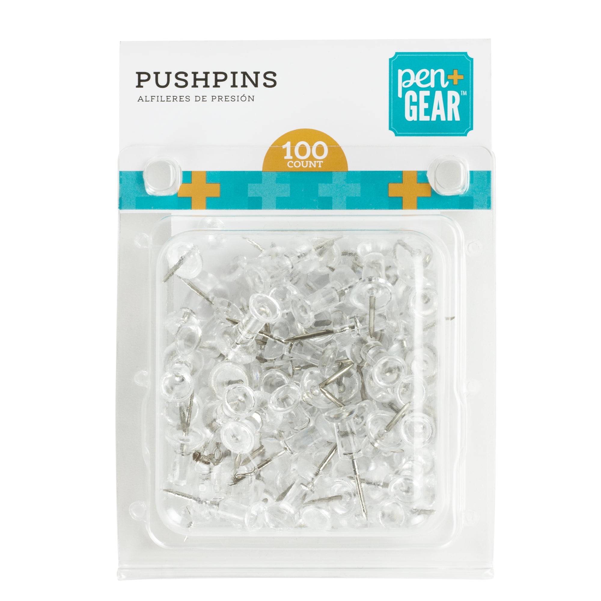 Standard Push Pins, Plastic, Clear, Clear Head/Gold Pin, 0.44