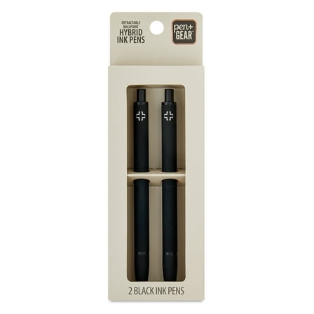 Pen+Gear Retractable Ballpoint Hybrid Ink Pen, Medium Point, 1 mm, Black Ink, 2 Count